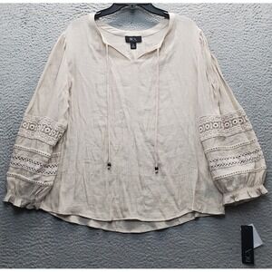 BCX Sheer Blouse Womens XL Tan Crochet Trim Balloon Sleeve V Neck Tie Front